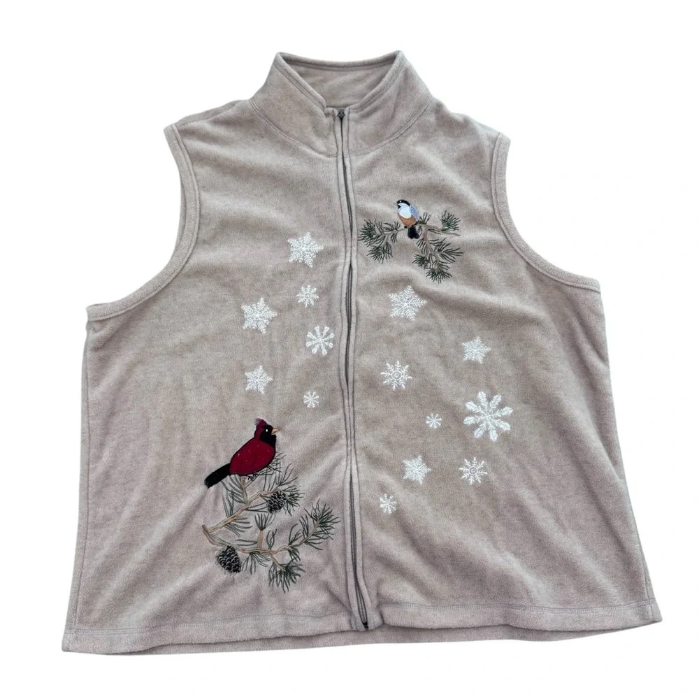 Baxter & Wells Tan  Zip Up Embroidered Birds Fleece Vest Size 2XL